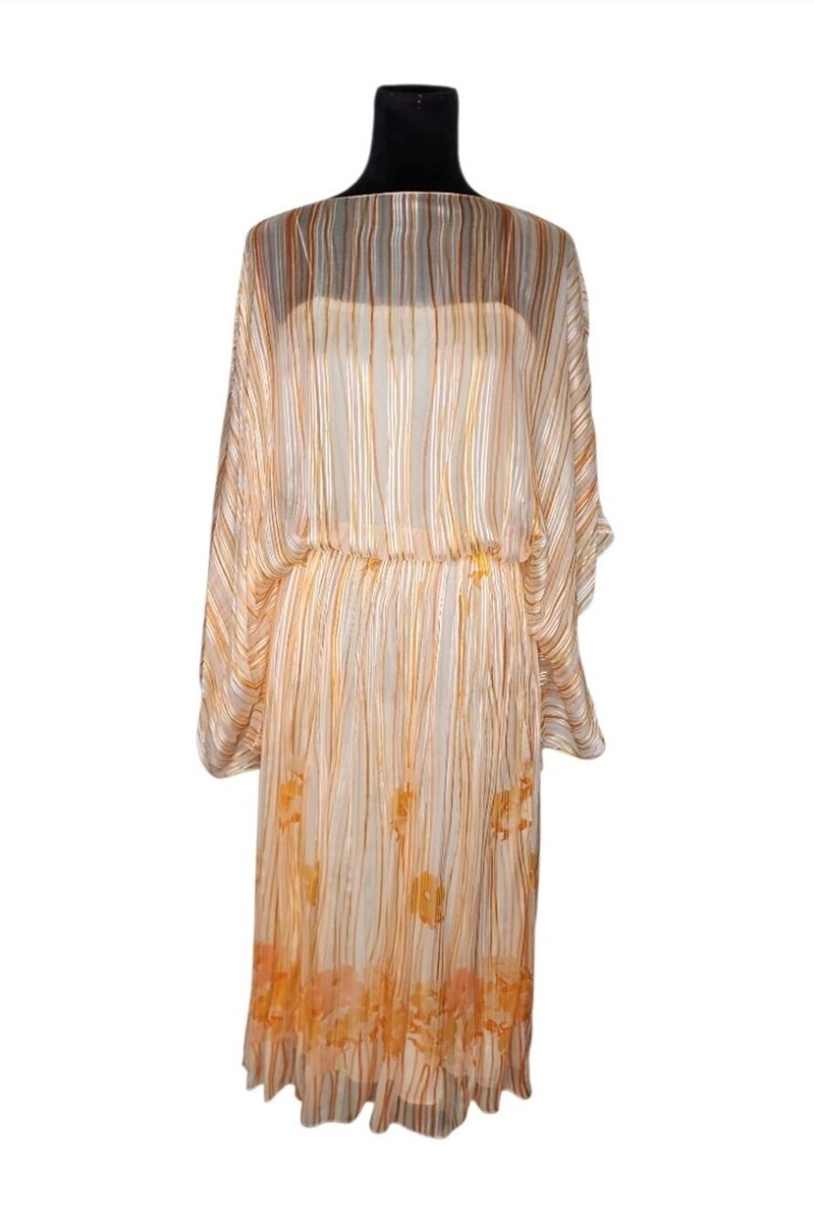 VTG 70s 80s JULIO 100% Silk Floral Stripe Chiffon Midi Dress Kimono No Size